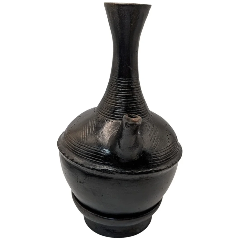 Vintage Ethiopian Jebena Pot Handmade with Stand Black Clay Coffee Pot Two Piece